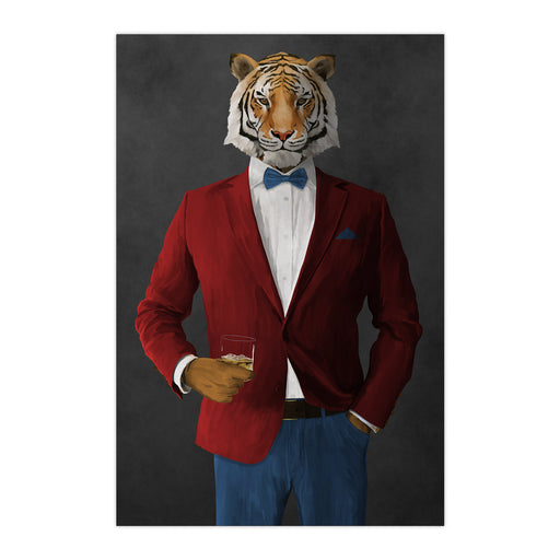 Tiger drinking whiskey wearing red and blue suit large wall art print
