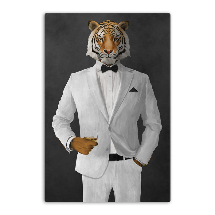 Tiger drinking whiskey wearing white suit canvas wall art