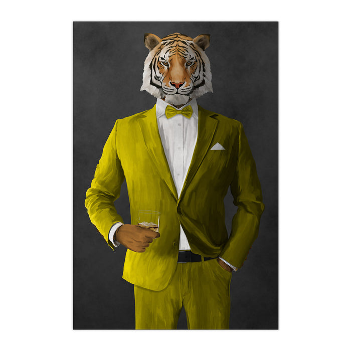 Tiger drinking whiskey wearing yellow suit large wall art print