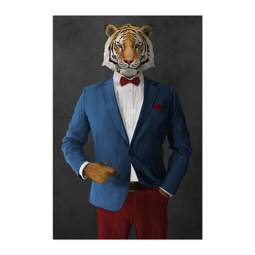 Tiger smoking cigar wearing blue and red suit large wall art print