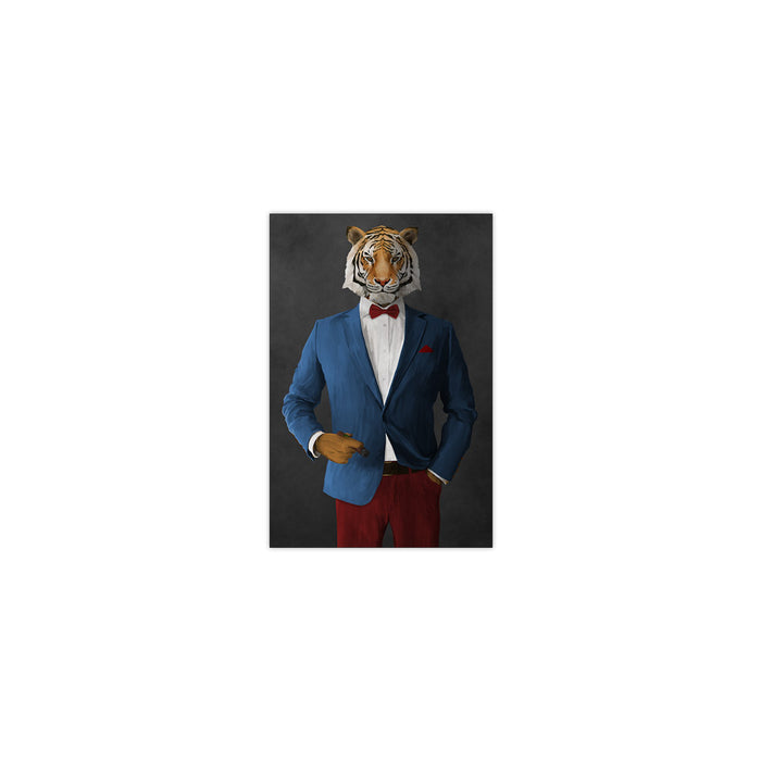 Tiger smoking cigar wearing blue and red suit small wall art print