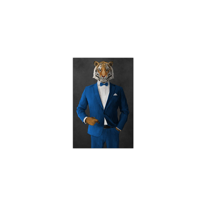 Tiger smoking cigar wearing blue suit small wall art print