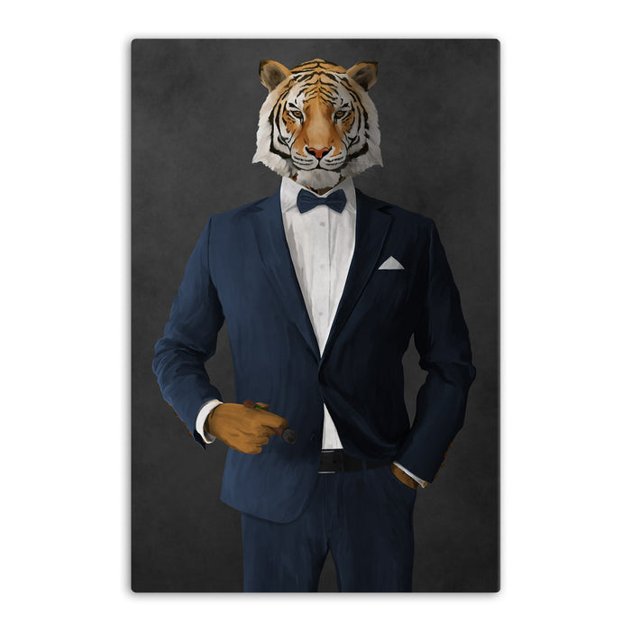 Tiger smoking cigar wearing navy suit canvas wall art