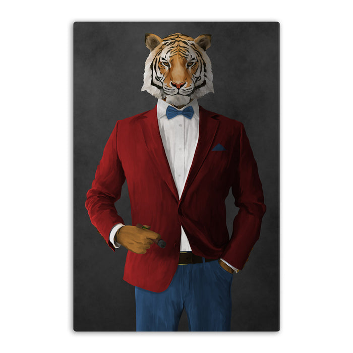 Tiger smoking cigar wearing red and blue suit canvas wall art