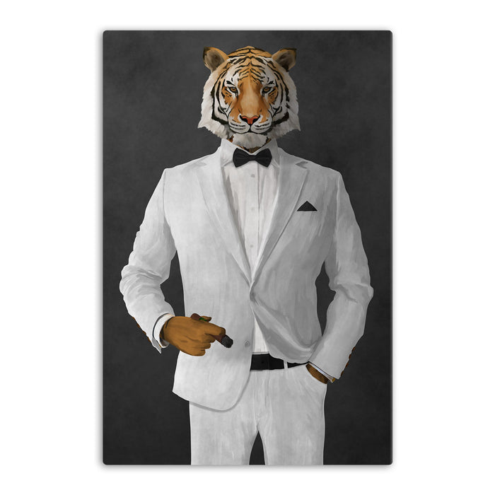 Tiger smoking cigar wearing white suit canvas wall art