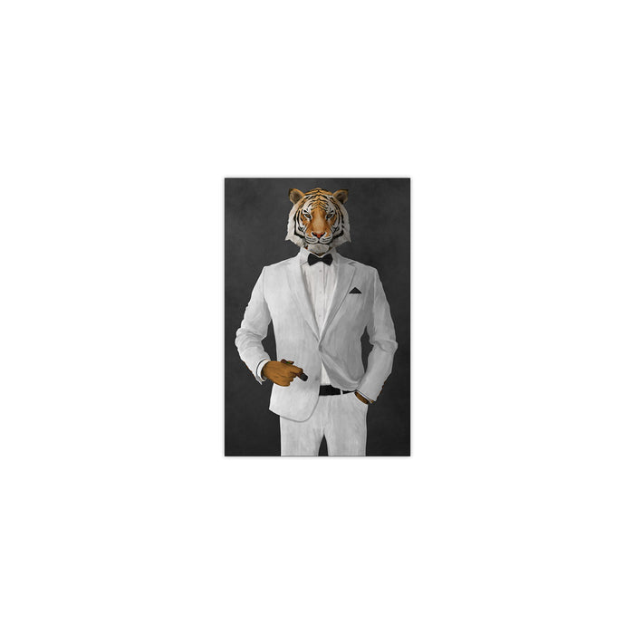 Tiger smoking cigar wearing white suit small wall art print
