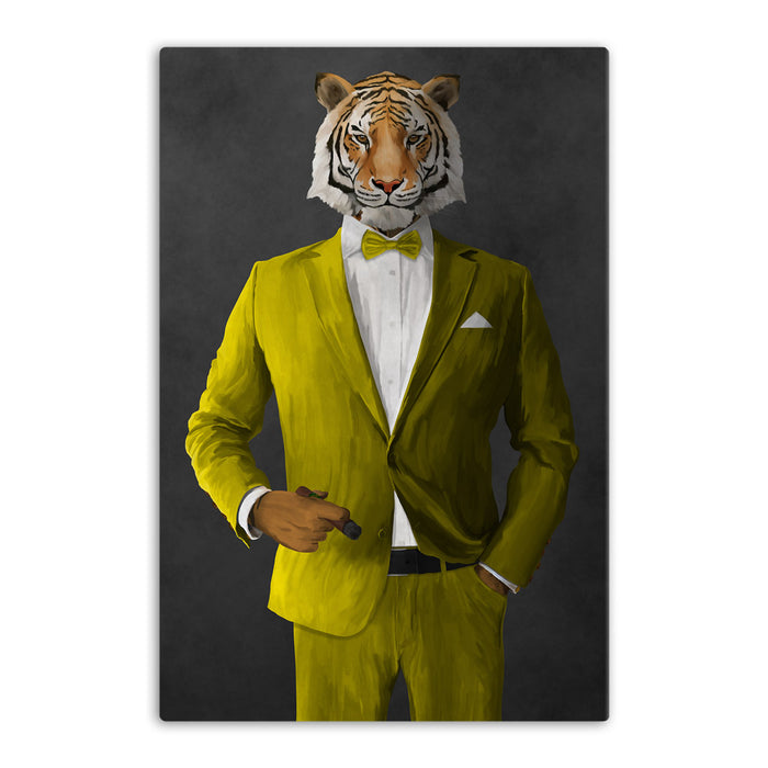 Tiger smoking cigar wearing yellow suit canvas wall art