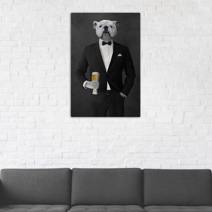 White Bulldog Drinking Beer Wall Art - Black Suit