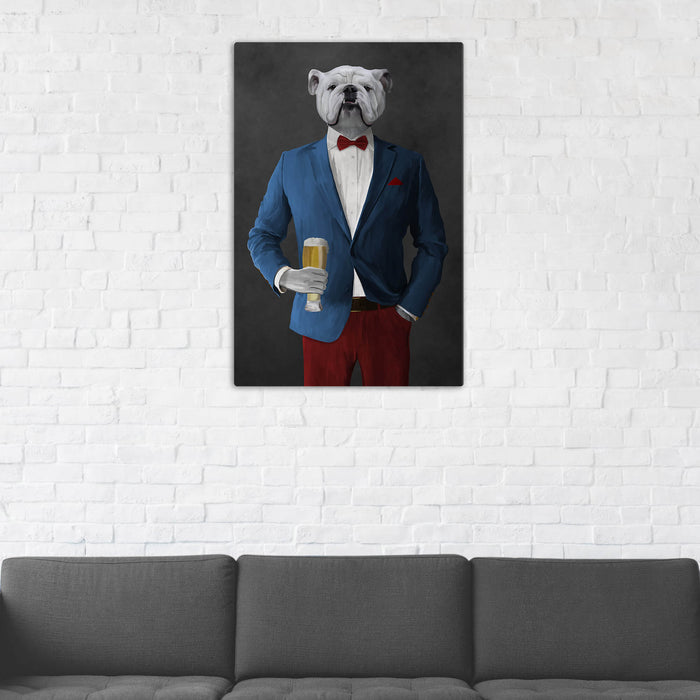 White Bulldog Drinking Beer Wall Art - Blue and Red Suit