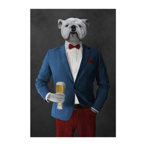 White Bulldog Drinking Beer Wall Art - Blue and Red Suit