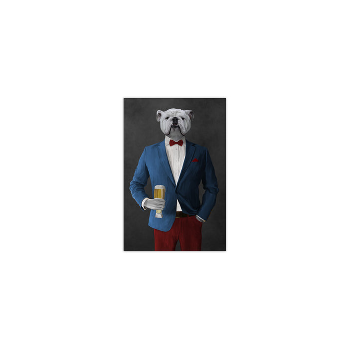 White Bulldog Drinking Beer Wall Art - Blue and Red Suit