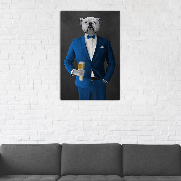 White Bulldog Drinking Beer Wall Art - Blue Suit