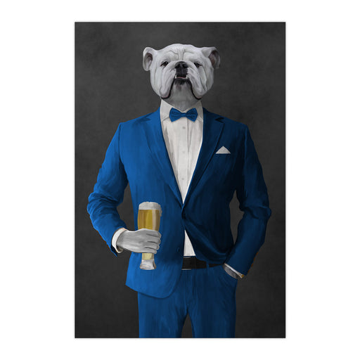 White Bulldog Drinking Beer Wall Art - Blue Suit