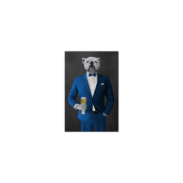 White Bulldog Drinking Beer Wall Art - Blue Suit