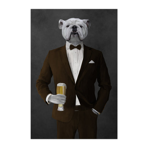 White Bulldog Drinking Beer Wall Art - Brown Suit