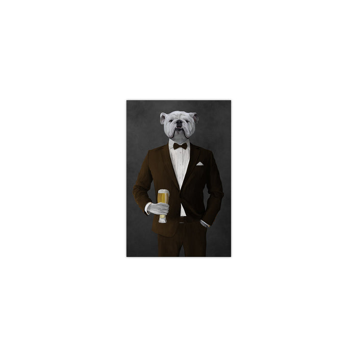 White Bulldog Drinking Beer Wall Art - Brown Suit