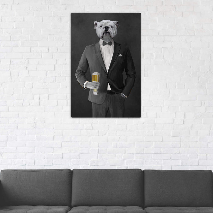 White Bulldog Drinking Beer Wall Art - Gray Suit