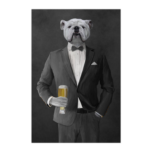 White Bulldog Drinking Beer Wall Art - Gray Suit