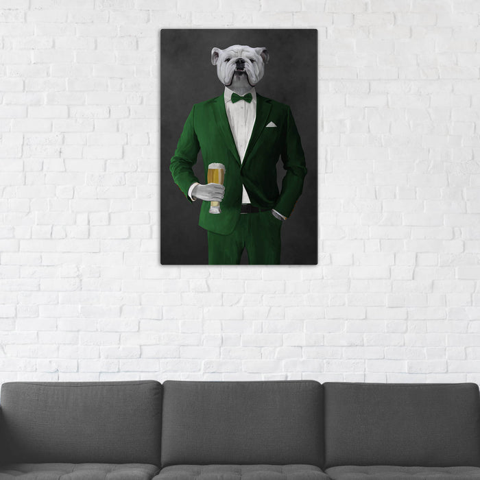 White Bulldog Drinking Beer Wall Art - Green Suit
