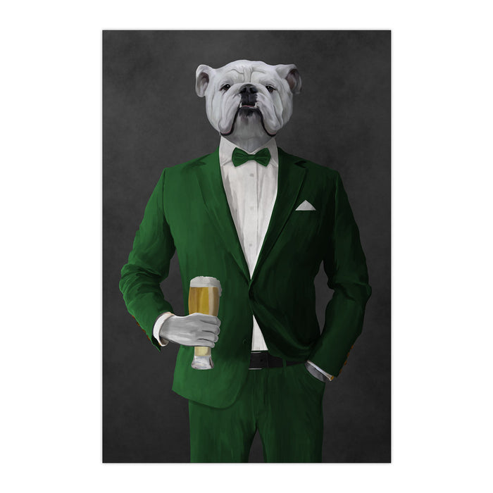 White Bulldog Drinking Beer Wall Art - Green Suit