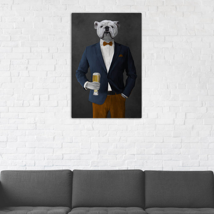 White Bulldog Drinking Beer Wall Art - Navy and Orange Suit