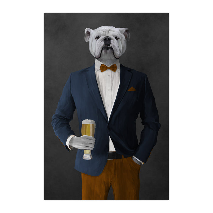 White Bulldog Drinking Beer Wall Art - Navy and Orange Suit