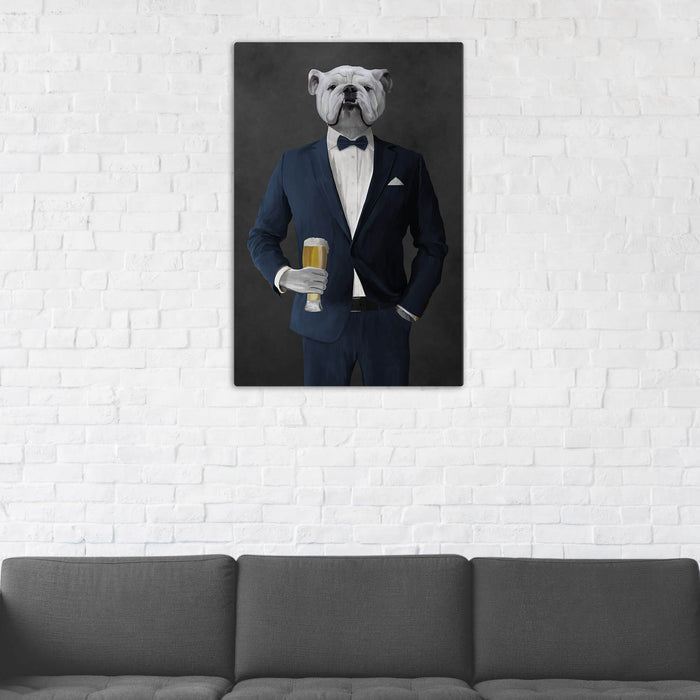 White Bulldog Drinking Beer Wall Art - Navy Suit
