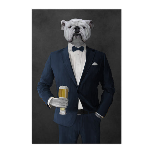 White Bulldog Drinking Beer Wall Art - Navy Suit