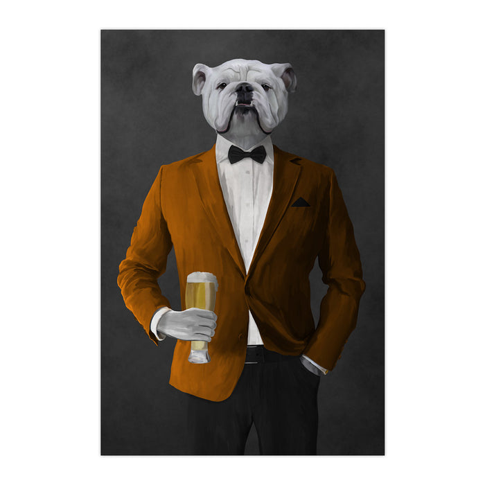 White Bulldog Drinking Beer Wall Art - Orange and Black Suit