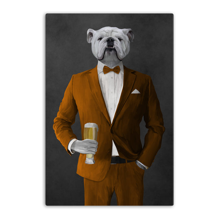 White Bulldog Drinking Beer Wall Art - Orange Suit