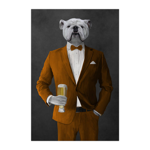 White Bulldog Drinking Beer Wall Art - Orange Suit