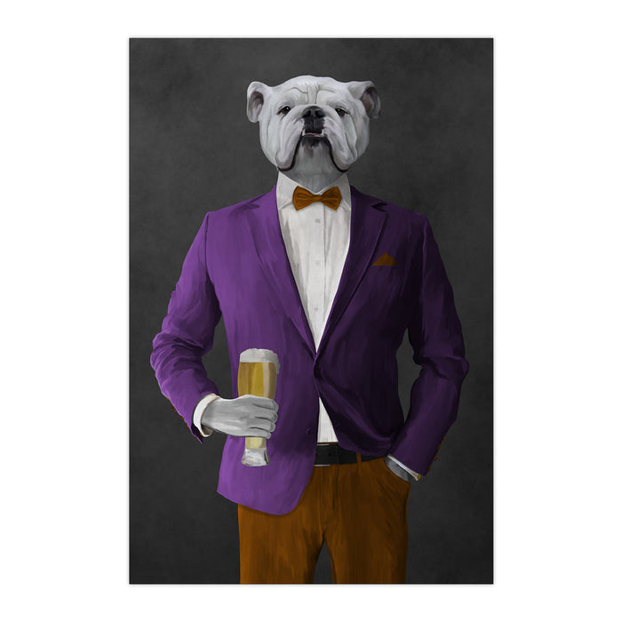 White Bulldog Drinking Beer Wall Art - Purple and Orange Suit