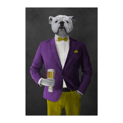 White Bulldog Drinking Beer Wall Art - Purple and Yellow Suit