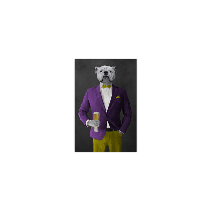 White Bulldog Drinking Beer Wall Art - Purple and Yellow Suit