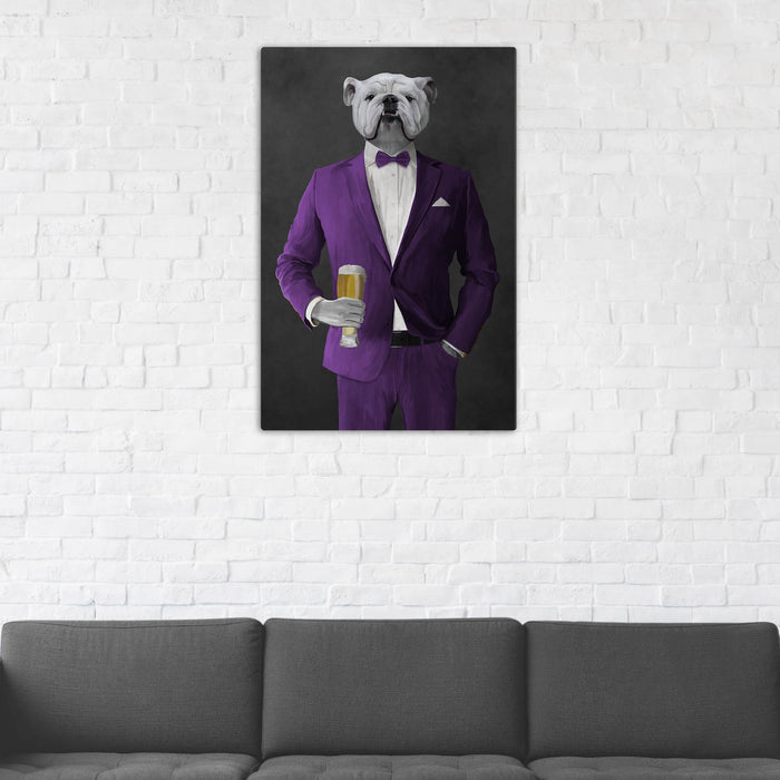 White Bulldog Drinking Beer Wall Art - Purple Suit