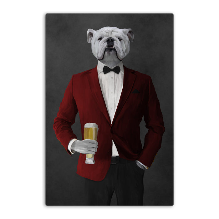White Bulldog Drinking Beer Wall Art - Red and Black Suit