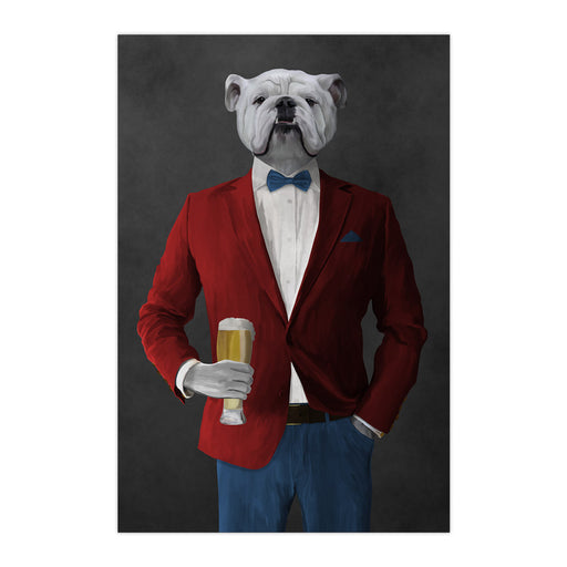 White Bulldog Drinking Beer Wall Art - Red and Blue Suit
