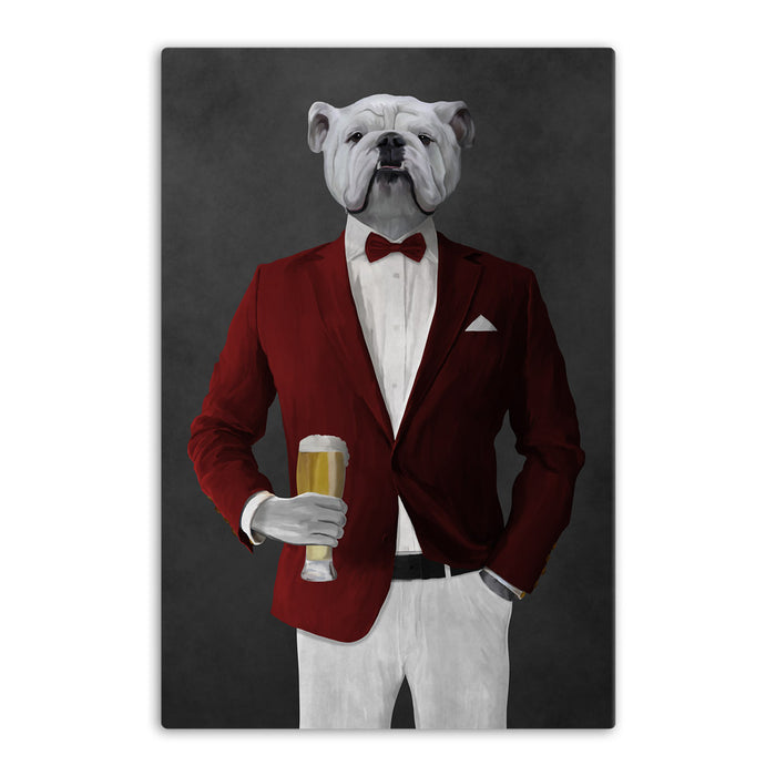 White Bulldog Drinking Beer Wall Art - Red and White Suit