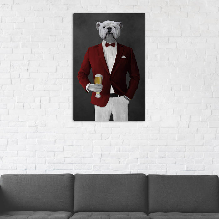 White Bulldog Drinking Beer Wall Art - Red and White Suit
