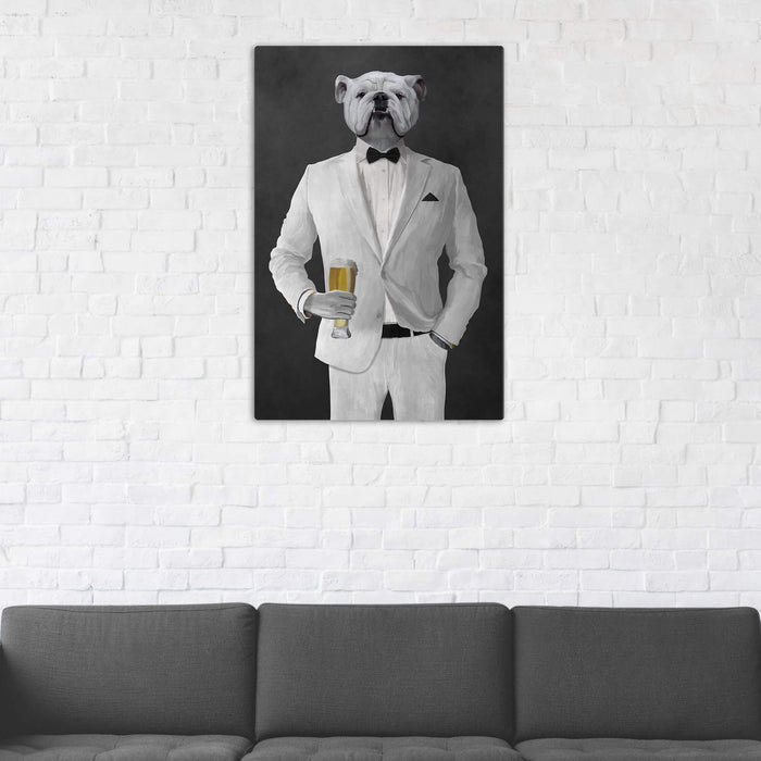 White Bulldog Drinking Beer Wall Art - White Suit