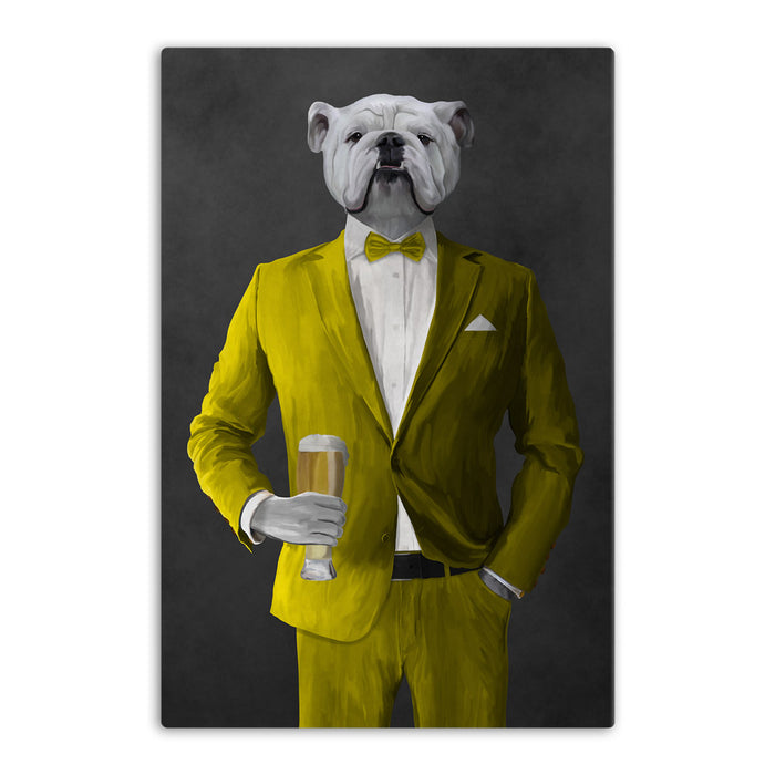 White Bulldog Drinking Beer Wall Art - Yellow Suit