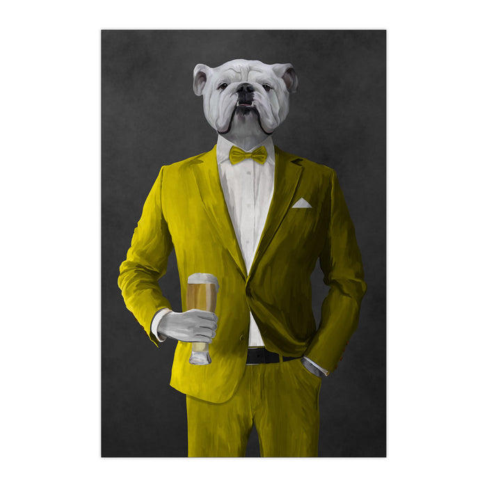 White Bulldog Drinking Beer Wall Art - Yellow Suit