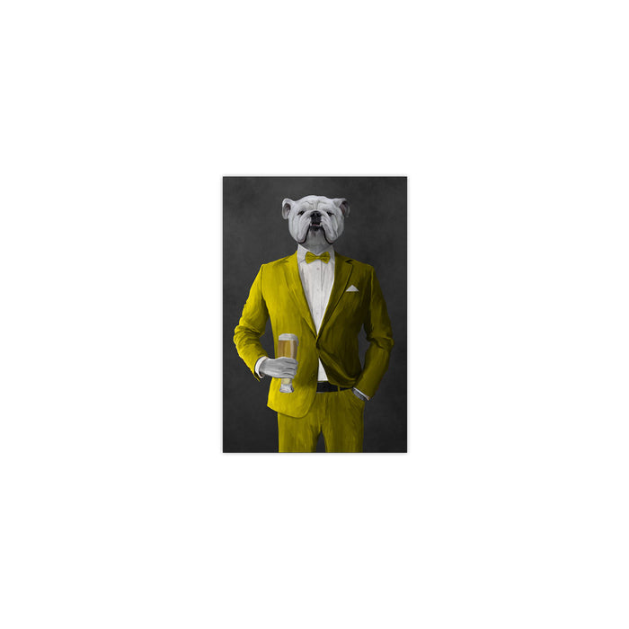 White Bulldog Drinking Beer Wall Art - Yellow Suit