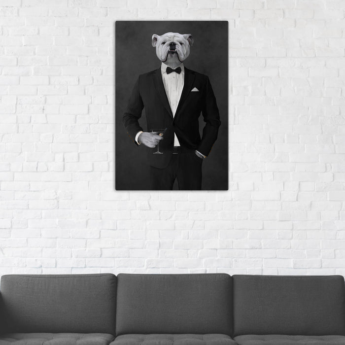 White Bulldog Drinking Martini Wall Art - Black Suit