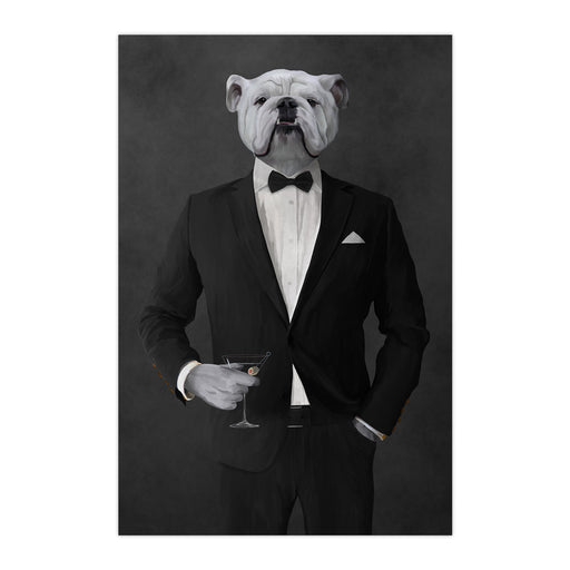 White Bulldog Drinking Martini Wall Art - Black Suit