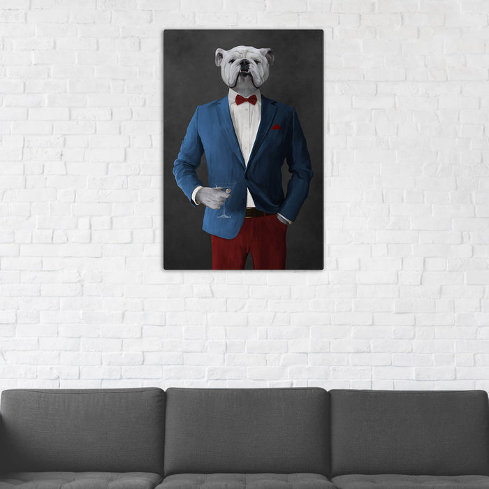 White Bulldog Drinking Martini Wall Art - Blue and Red Suit
