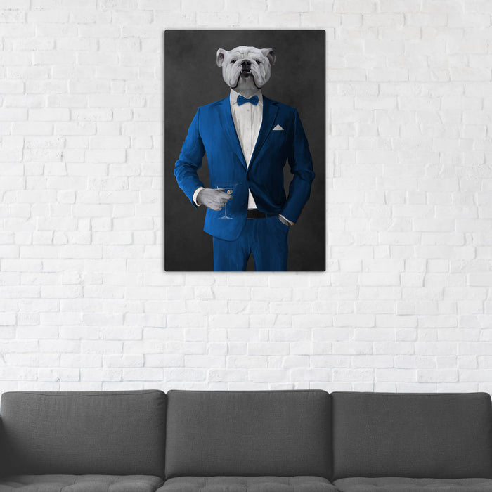 White Bulldog Drinking Martini Wall Art - Blue Suit