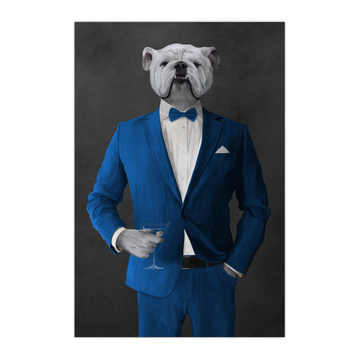 White Bulldog Drinking Martini Wall Art - Blue Suit