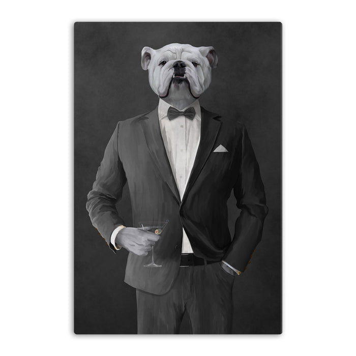 White Bulldog Drinking Martini Wall Art - Gray Suit