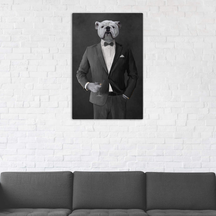 White Bulldog Drinking Martini Wall Art - Gray Suit